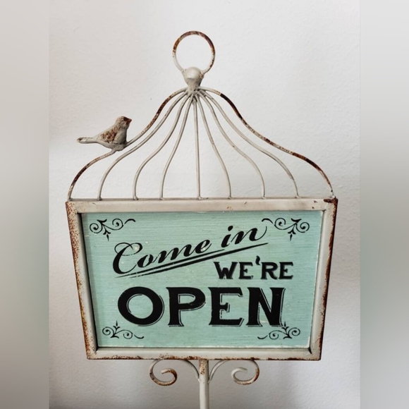 Vintage Style Open Close Pedestal Sign Bird Cage Top with Small Bird - Picture 7 of 8